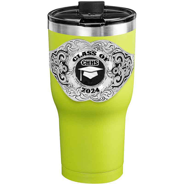 A customized tumbler made of stainless steel with a personalized engraved Class of 2024 lettering with graduate cap figure, 30 oz, ideal for coffee or cool drinks